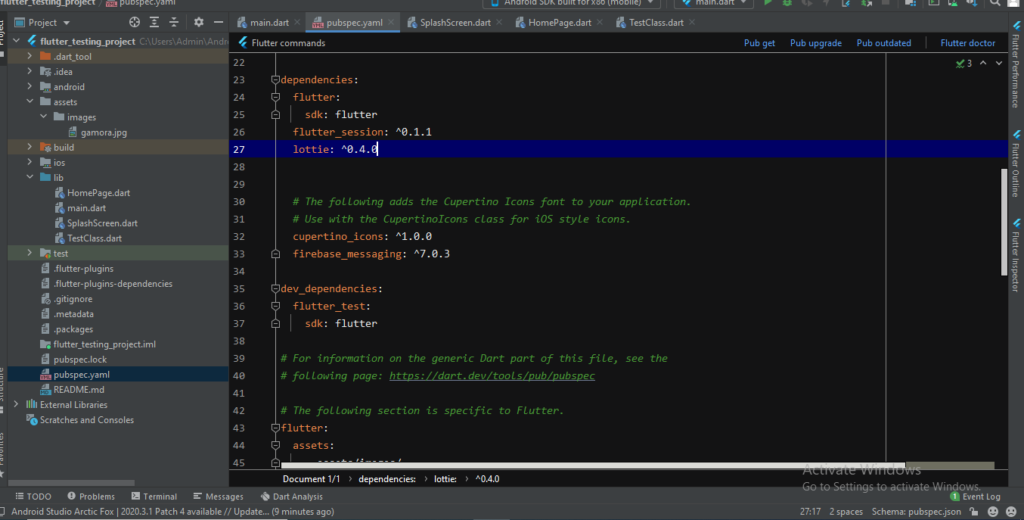 Flutter Lottie pubspec